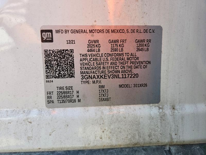 Aukcja sprzedaży 2022 Chevrolet Equinox, vin: 3GNAXKEV3NL117220, numer aukcji: 63507156