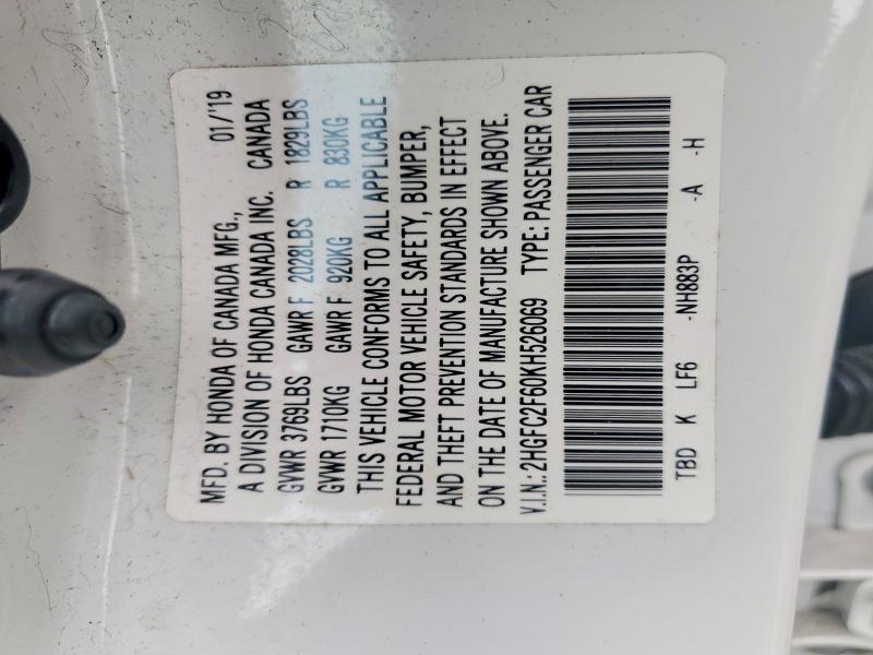 Продаж на аукціоні авто 2019 Honda Civic, vin: 2HGFC2F60KH526069, номер лоту: 64085256