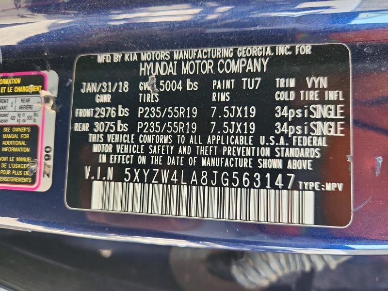 2018 Hyundai Santa Fe Sport მანქანა იყიდება აუქციონზე, vin: 5XYZW4LA8JG563147, აუქციონის ნომერი: 64019546