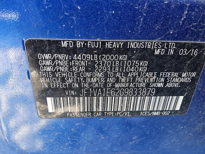 Aukcja sprzedaży 2016 Subaru Wrx, vin: JF1VA1E62G9833879, numer aukcji: 66165376