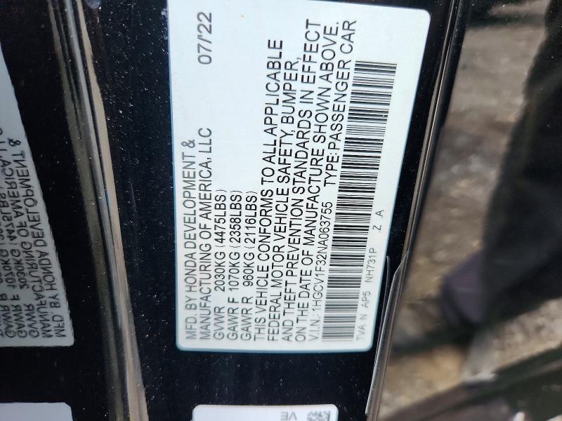 Aukcja sprzedaży 2022 Honda Accord, vin: 1HGCV1F32NA063755, numer aukcji: 64410606