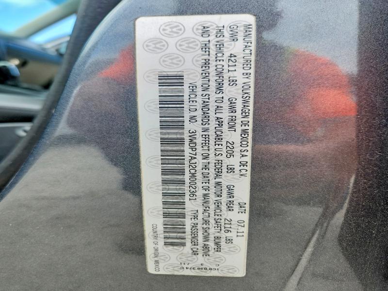 2012 Volkswagen Jetta მანქანა იყიდება აუქციონზე, vin: 3VWDP7AJ2CM002361, აუქციონის ნომერი: 66017126