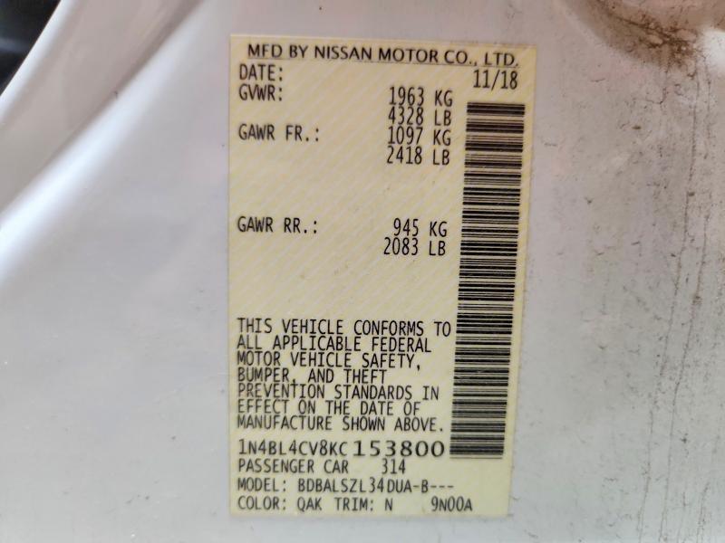 Aukcja sprzedaży 2019 Nissan Altima, vin: 1N4BL4CV8KC153800, numer aukcji: 63395176