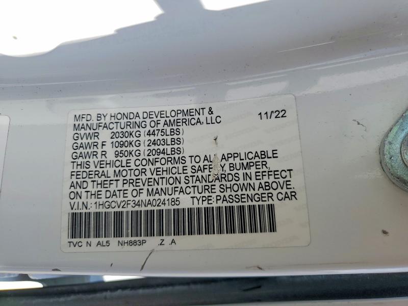 Продаж на аукціоні авто 2022 Honda Accord, vin: 1HGCV2F34NA024185, номер лоту: 65557926