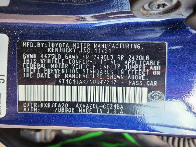 64469316 :رقم المزاد ، 4T1C11AK7NU647717 vin ، 2022 Toyota Camry مزاد بيع