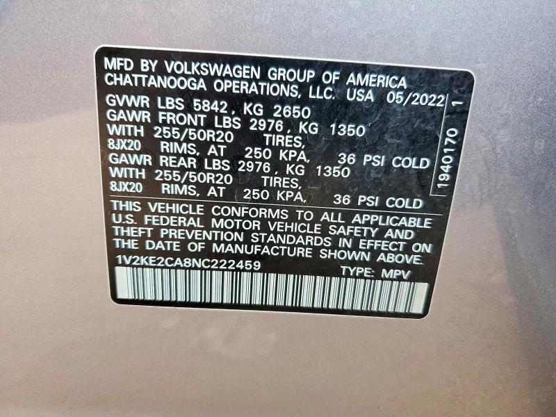 2022 Volkswagen Atlas Cross Sport მანქანა იყიდება აუქციონზე, vin: 1V2KE2CA8NC222459, აუქციონის ნომერი: 64455536