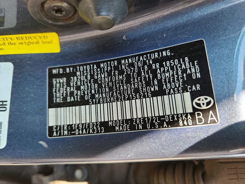 Продаж на аукціоні авто 2014 Toyota Corolla, vin: 5YFBURHE2EP156216, номер лоту: 64415166