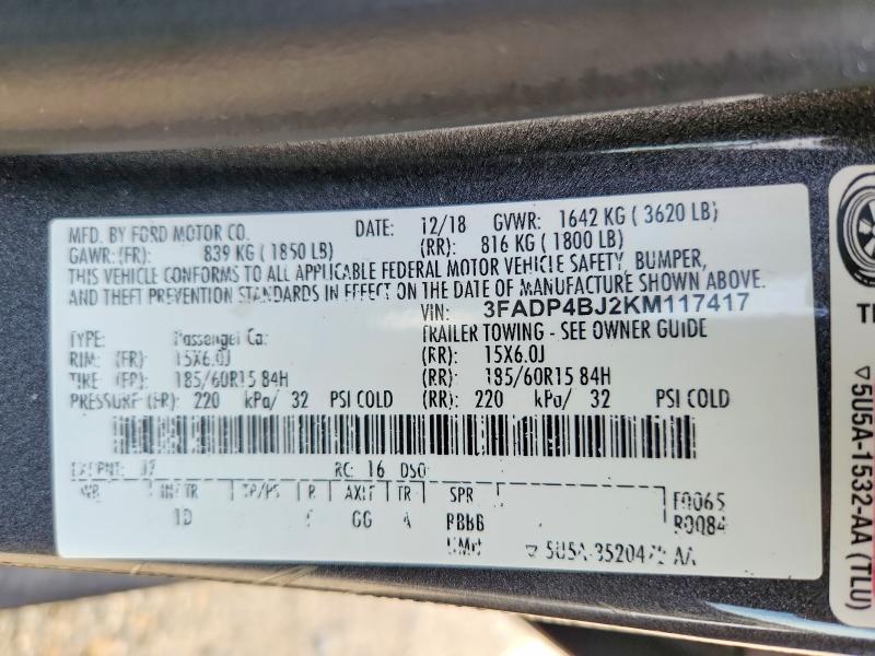 63746986 :رقم المزاد ، 3FADP4BJ2KM117417 vin ، 2019 Ford Fiesta مزاد بيع