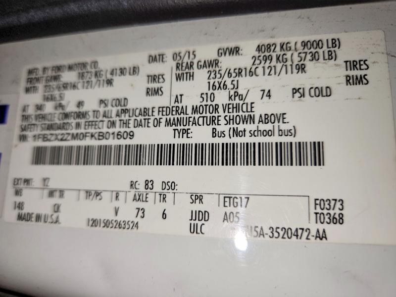 67366616 :رقم المزاد ، 1FBZX2ZM0FKB01609 vin ، 2015 Ford Transit مزاد بيع