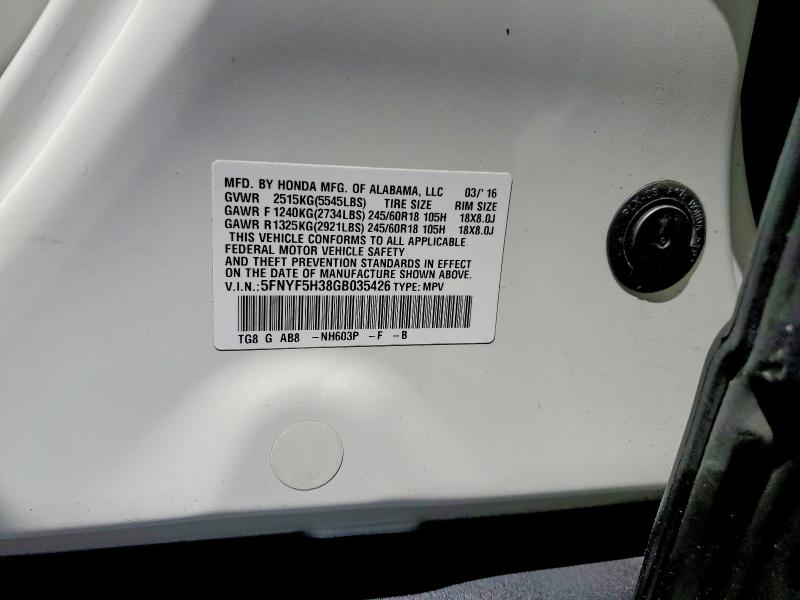 Auction sale of the 2016 Honda Pilot, vin: 5FNYF5H38GB035426, lot number: 65557526