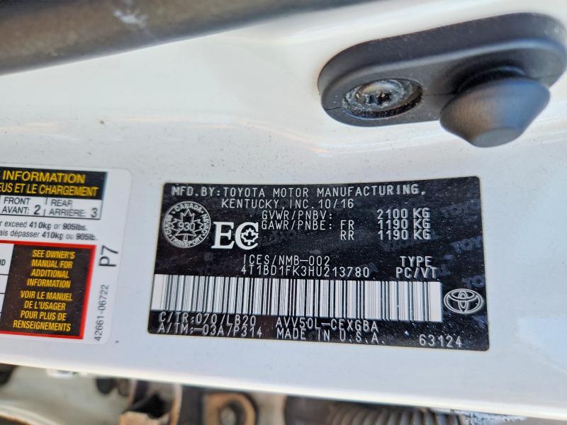 66097006 :رقم المزاد ، 4T1BD1FK3HU213780 vin ، 2017 Toyota Camry Hybrid مزاد بيع