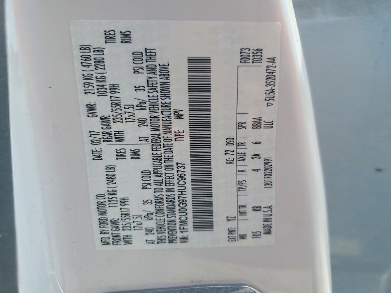 2017 Ford Escape მანქანა იყიდება აუქციონზე, vin: 1FMCU0G97HUC96737, აუქციონის ნომერი: 64441156