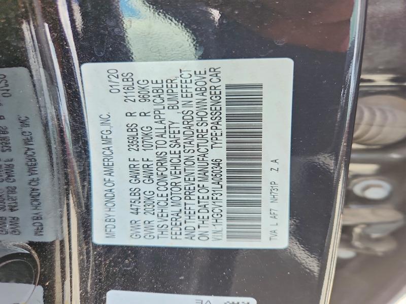 64072476 :رقم المزاد ، 1HGCV1F31LA050346 vin ، 2020 Honda Accord مزاد بيع