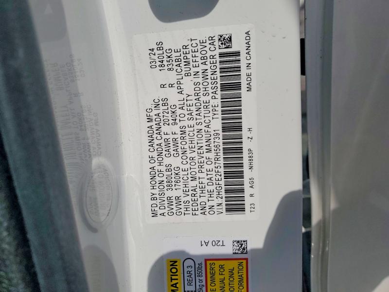 64028186 :رقم المزاد ، 2HGFE2F57RH567391 vin ، 2024 Honda Civic مزاد بيع