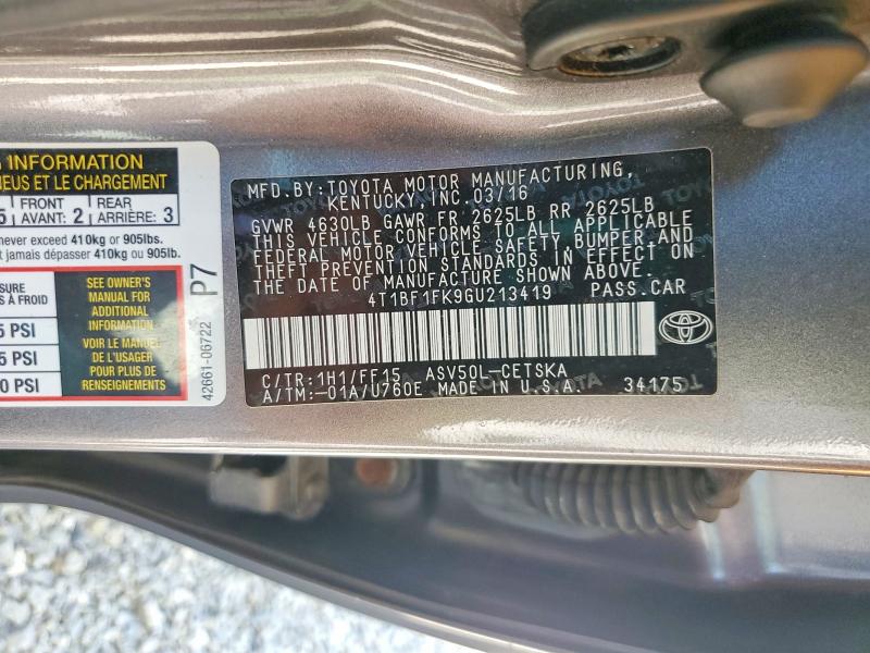 63655326 :رقم المزاد ، 4T1BF1FK9GU213419 vin ، 2016 Toyota Camry مزاد بيع