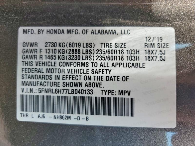 Aukcja sprzedaży 2020 Honda Odyssey, vin: 5FNRL6H77LB040133, numer aukcji: 65311756