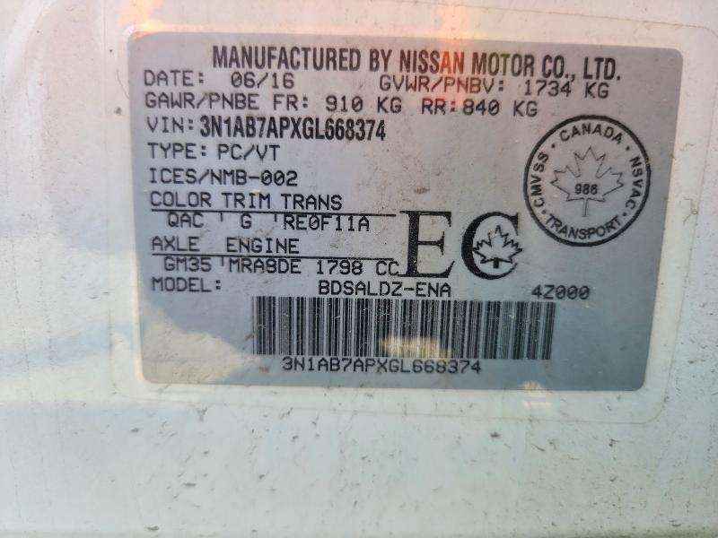 Aukcja sprzedaży 2016 Nissan Sentra, vin: 3N1AB7APXGL668374, numer aukcji: 59986906