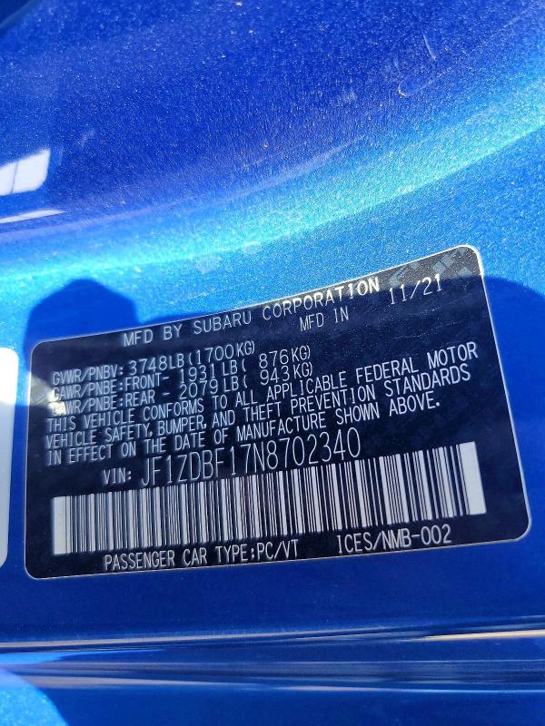 2022 Subaru Brz მანქანა იყიდება აუქციონზე, vin: JF1ZDBF17N8702340, აუქციონის ნომერი: 65668266