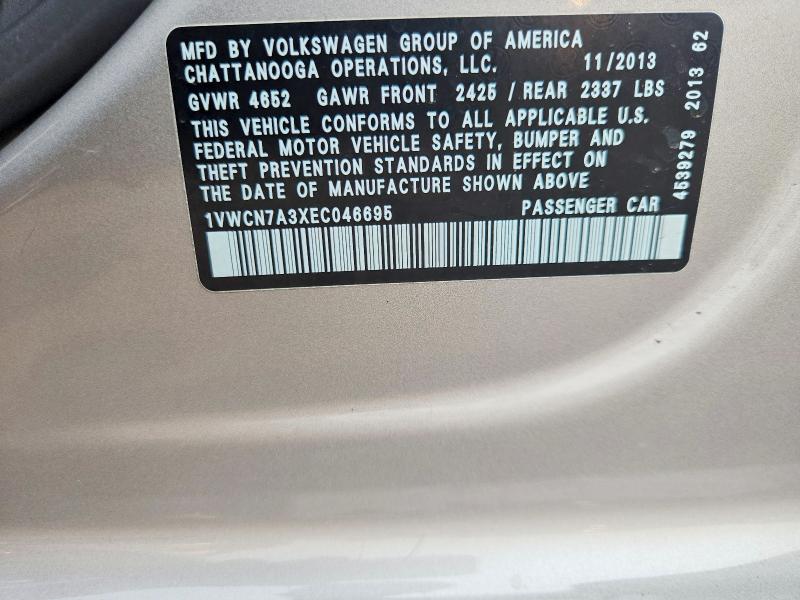 Aukcja sprzedaży 2014 Volkswagen Passat, vin: 1VWCN7A3XEC046695, numer aukcji: 63992026