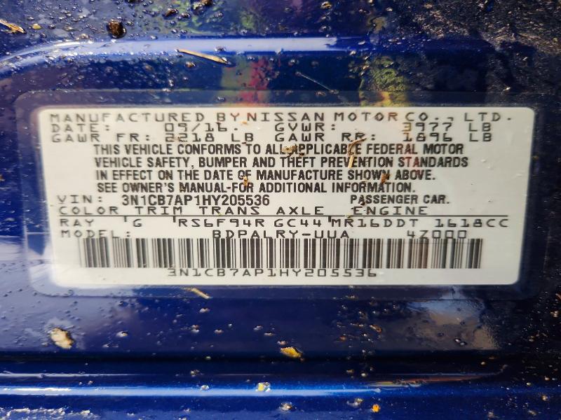 2017 Nissan Sentra მანქანა იყიდება აუქციონზე, vin: 3N1CB7AP1HY205536, აუქციონის ნომერი: 63744536