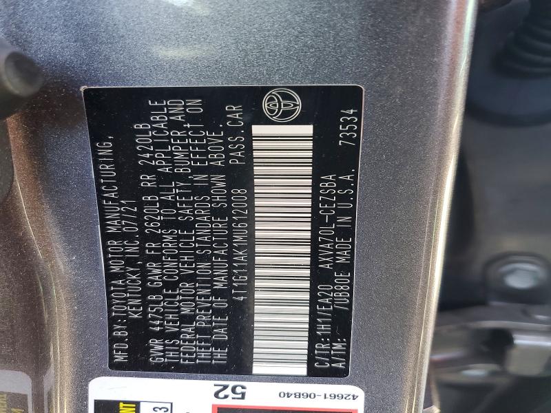 2021 Toyota Camry მანქანა იყიდება აუქციონზე, vin: 4T1G11AK1MU612008, აუქციონის ნომერი: 63195426