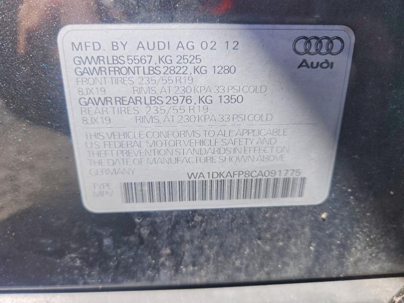 63950756 :رقم المزاد ، WA1DKAFP8CA091775 vin ، 2012 Audi Q5 مزاد بيع