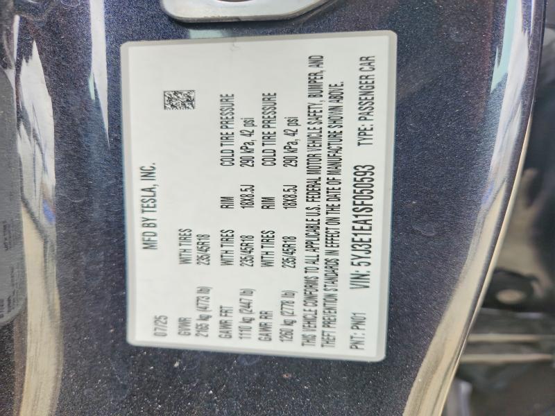 Aukcja sprzedaży 2025 Tesla Model 3, vin: 5YJ3E1EA1SF050593, numer aukcji: 65159416