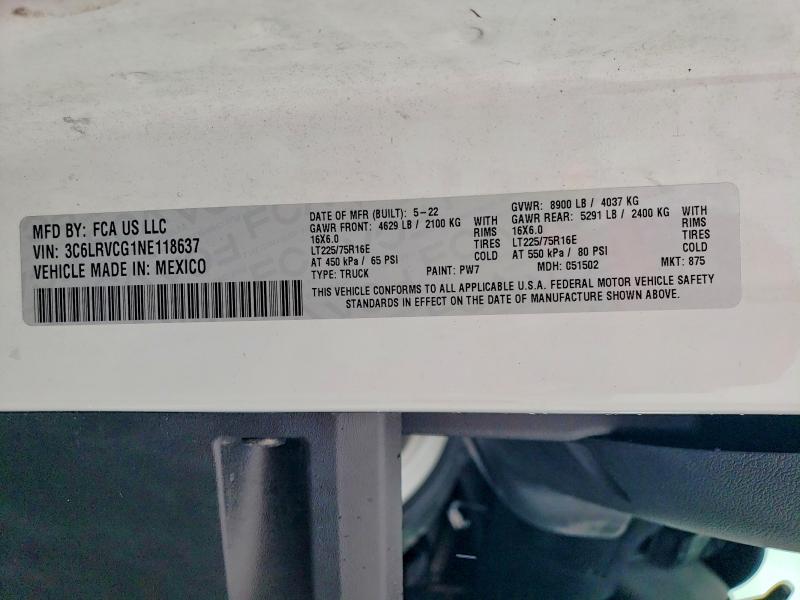 2022 Ram Promaster 2500 მანქანა იყიდება აუქციონზე, vin: 3C6LRVCG1NE118637, აუქციონის ნომერი: 64075956