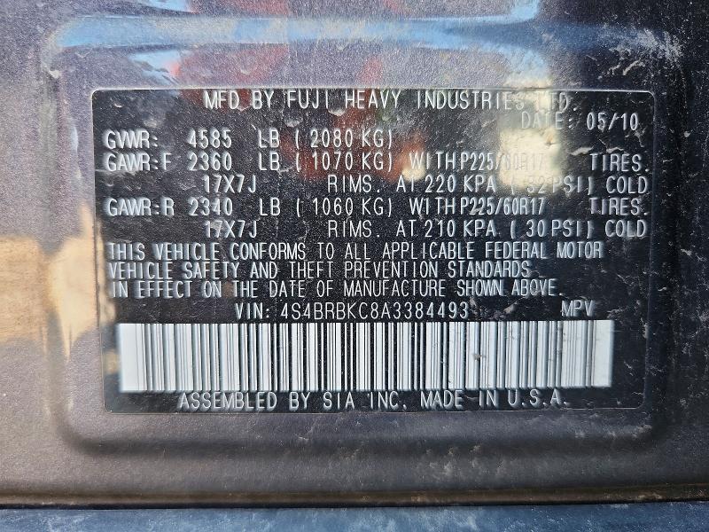 2010 Subaru Outback მანქანა იყიდება აუქციონზე, vin: 4S4BRBKC8A3384493, აუქციონის ნომერი: 65821416