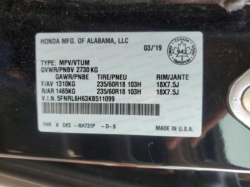 64794596 :رقم المزاد ، 5FNRL6H63KB511099 vin ، 2019 Honda Odyssey مزاد بيع