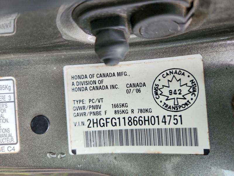62469276 :رقم المزاد ، 2HGFG11866H014751 vin ، 2006 Honda Civic مزاد بيع