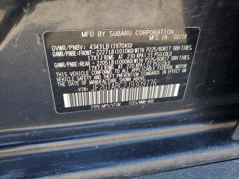 63445406 :رقم المزاد ، JF2GTABC2J9309776 vin ، 2018 Subaru Crosstrek مزاد بيع