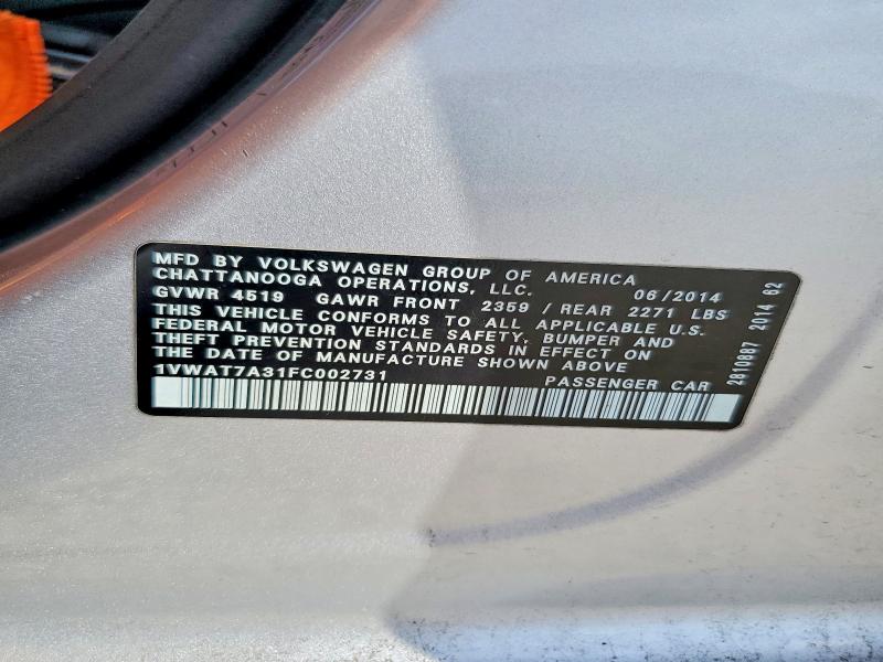 Продажа на аукционе авто 2015 Volkswagen Passat, vin: 1VWAT7A31FC002731, номер лота: 63746796