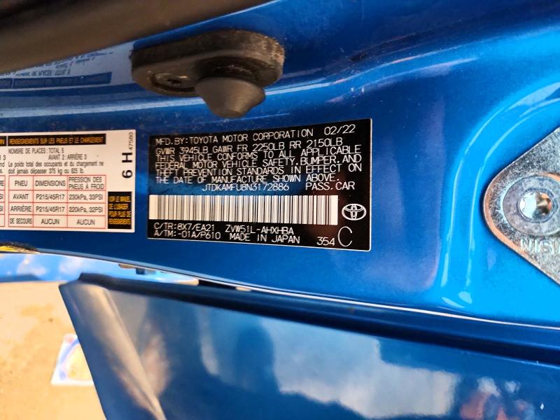 2022 Toyota Prius მანქანა იყიდება აუქციონზე, vin: JTDKAMFU8N3172886, აუქციონის ნომერი: 65506946