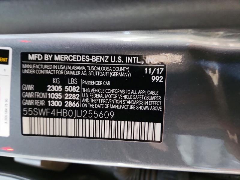 64304856 :رقم المزاد ، 55SWF4HB0JU255609 vin ، 2018 Mercedes-benz C مزاد بيع