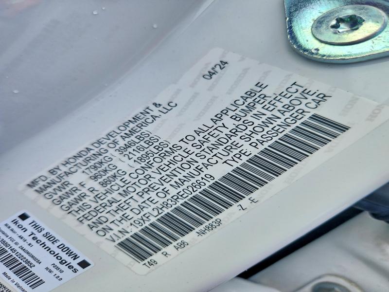 2024 Honda Civic მანქანა იყიდება აუქციონზე, vin: 19XFL2H83RE026619, აუქციონის ნომერი: 63910846