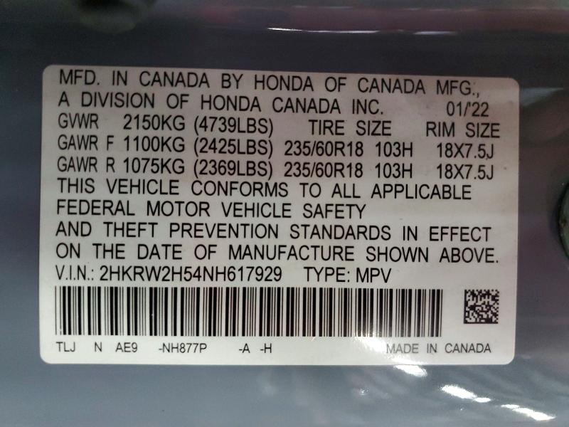 Продажа на аукционе авто 2022 Honda Cr-v, vin: 2HKRW2H54NH617929, номер лота: 64031536