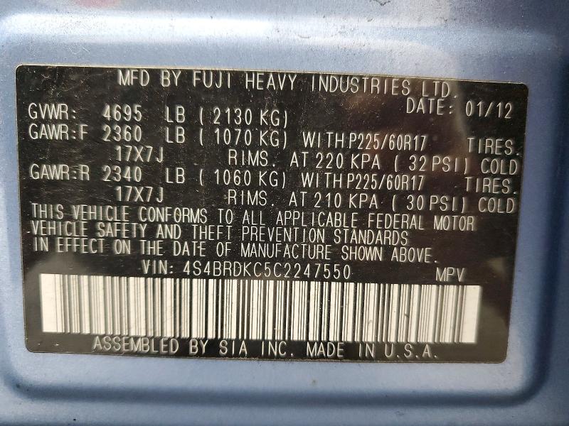 Aukcja sprzedaży 2012 Subaru Outback, vin: 4S4BRDKC5C2247550, numer aukcji: 65099986