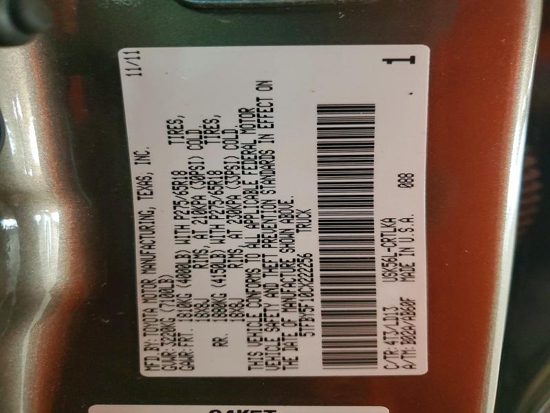 66642546 :رقم المزاد ، 5TFBY5F10CX222256 vin ، 2012 Toyota Tundra مزاد بيع