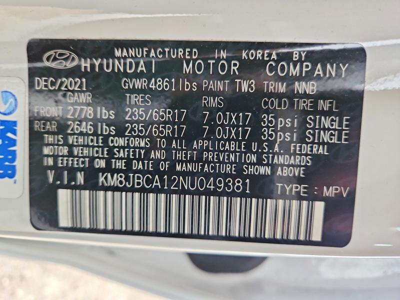 Продажа на аукционе авто 2022 Hyundai Tucson, vin: KM8JBCA12NU049381, номер лота: 64581306