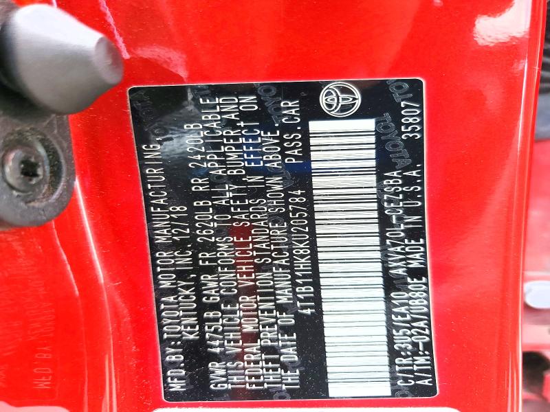 2019 Toyota Camry მანქანა იყიდება აუქციონზე, vin: 4T1B11HK8KU205784, აუქციონის ნომერი: 63801366