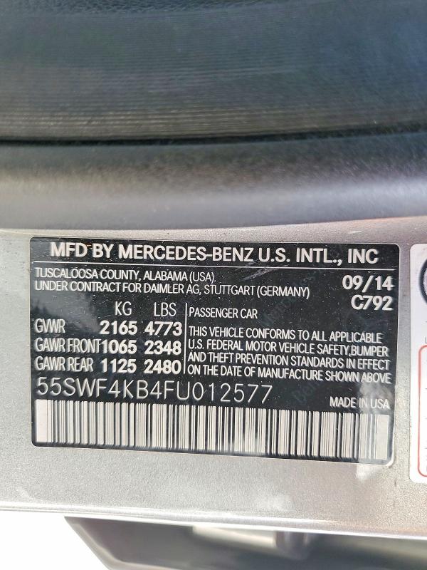 65547956 :رقم المزاد ، 55SWF4KB4FU012577 vin ، 2015 Mercedes-benz C مزاد بيع