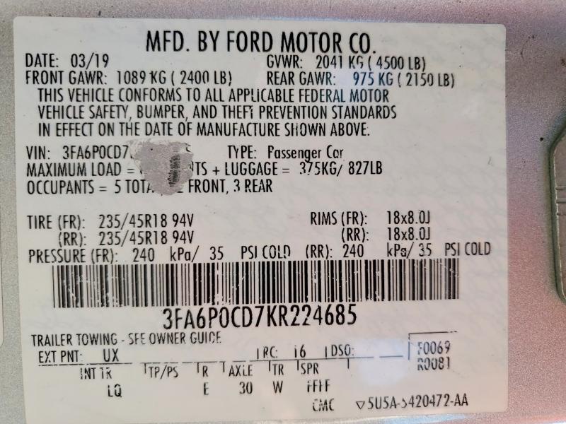 Aukcja sprzedaży 2019 Ford Fusion, vin: 3FA6P0CD7KR224685, numer aukcji: 65923496