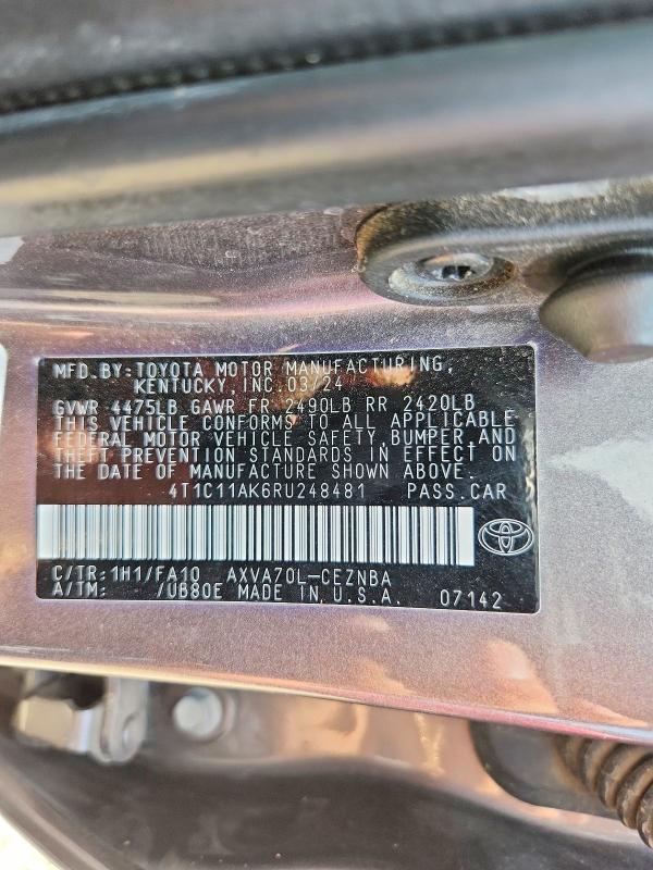 66092786 :رقم المزاد ، 4T1C11AK6RU248481 vin ، 2024 Toyota Camry مزاد بيع