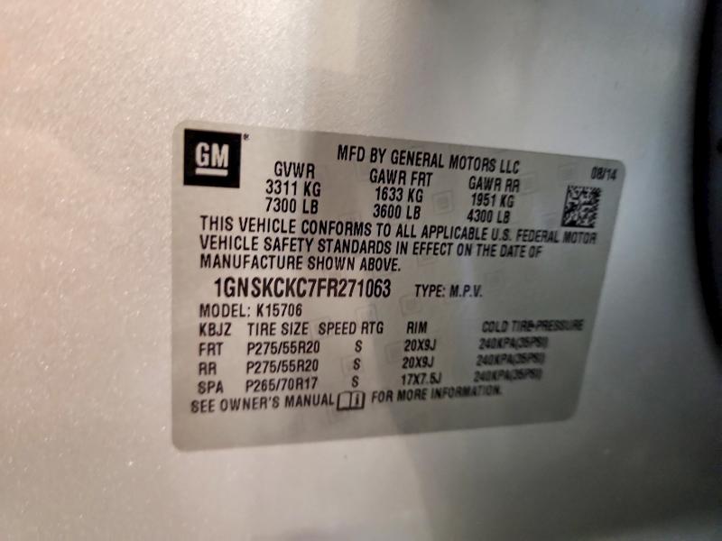 63129886 :رقم المزاد ، 1GNSKCKC7FR271063 vin ، 2015 Chevrolet Tahoe مزاد بيع
