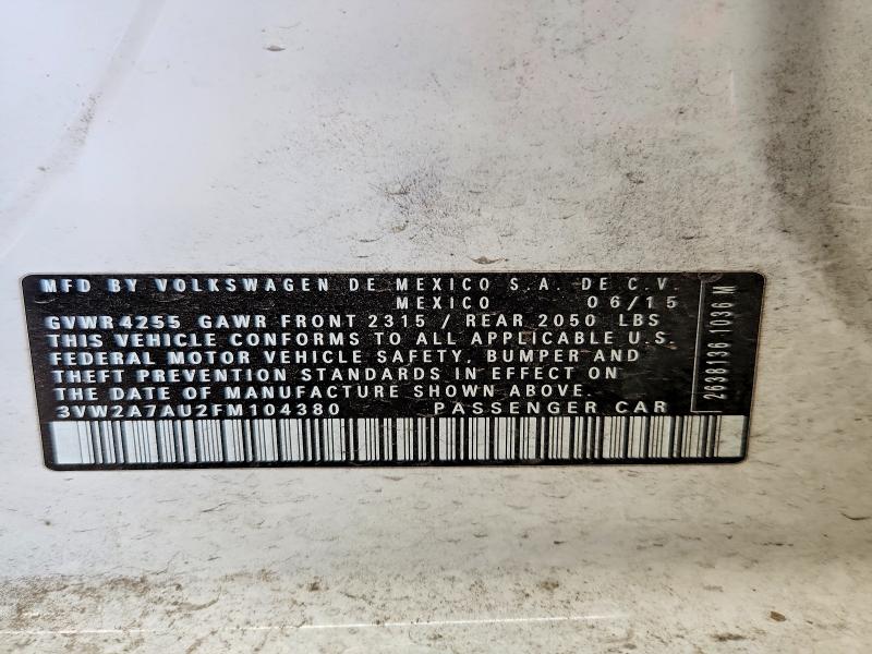 66390616 :رقم المزاد ، 3VW2A7AU2FM104380 vin ، 2015 Volkswagen Golf مزاد بيع