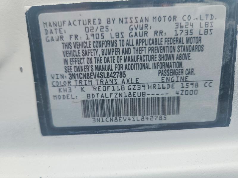 2025 Nissan Versa მანქანა იყიდება აუქციონზე, vin: 3N1CN8EV4SL842785, აუქციონის ნომერი: 64003566