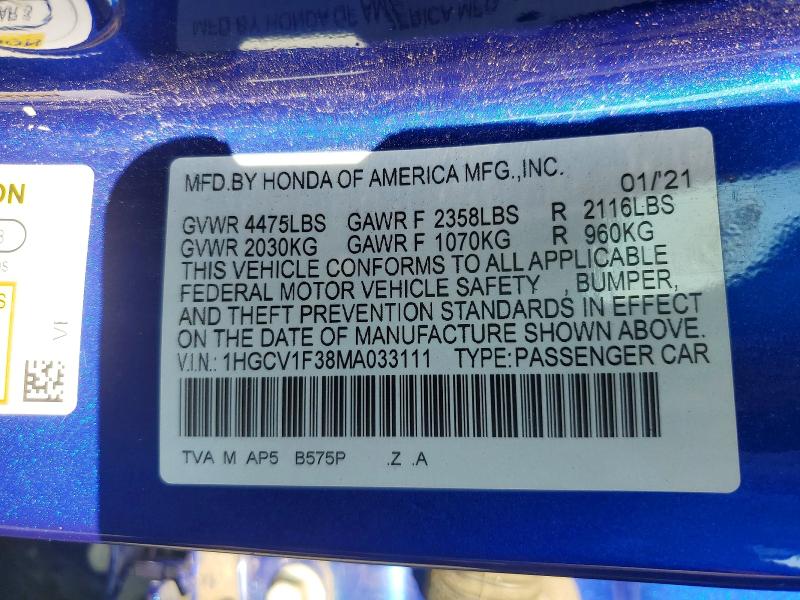 Продажа на аукционе авто 2021 Honda Accord, vin: 1HGCV1F38MA033111, номер лота: 66237256