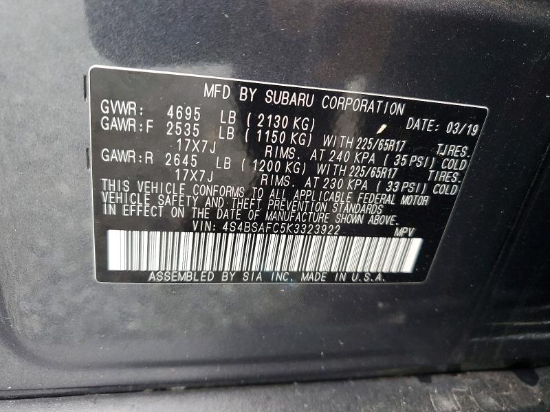 Aukcja sprzedaży 2019 Subaru Outback, vin: 4S4BSAFC5K3323922, numer aukcji: 63642266