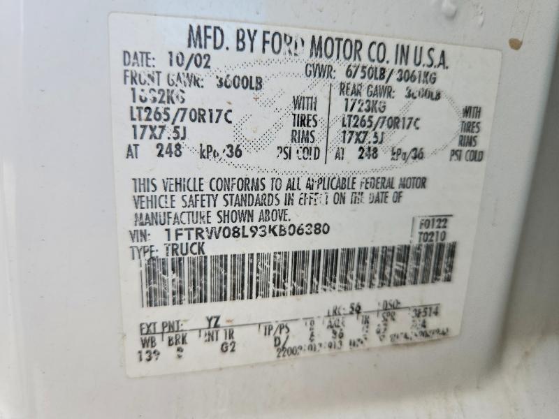 2003 Ford F150 მანქანა იყიდება აუქციონზე, vin: 1FTRW08L93KB06380, აუქციონის ნომერი: 66026746